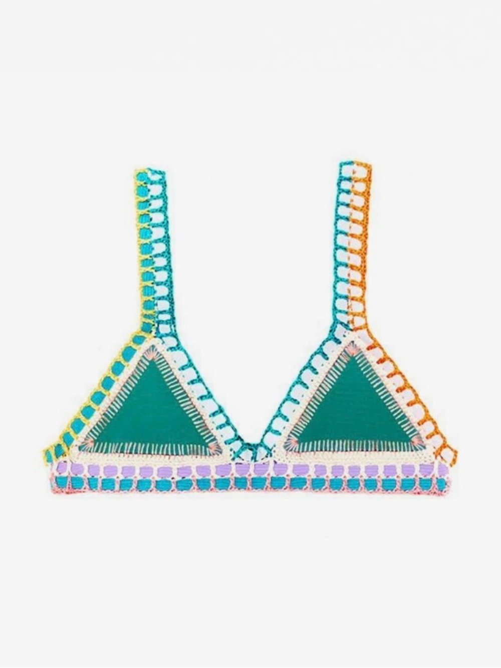 KIINI Teal Triangle Bikini Top with Multicolor Crochet Trim